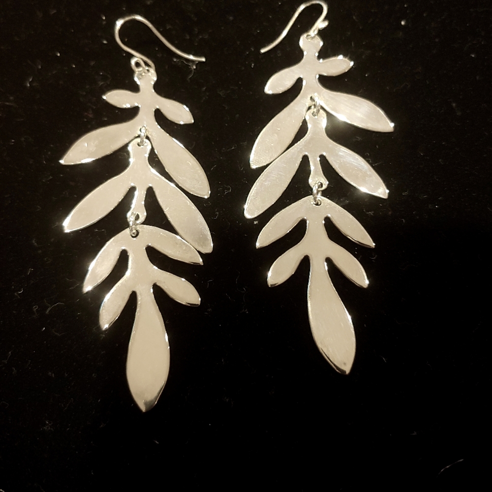 Long Silver Leaf Earrings